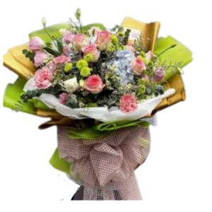 hydrangea, china roses eucalyptus and gypsophilia